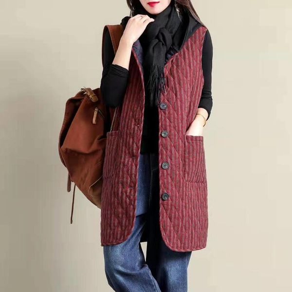 

vintage literary autumn and winter stripes in the long paragraph double pocket hooded quilted vest cardigan coat, Black;white