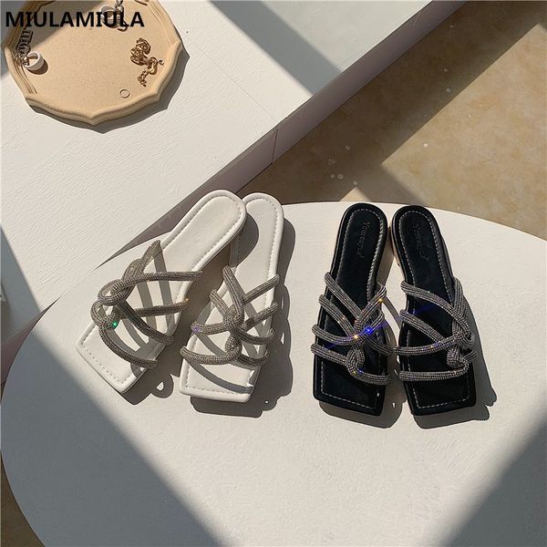 

miulamiula designers 2020 summer bling crystal narrow band square toe flat slippers loafers mules flip flops beach shoes, Black