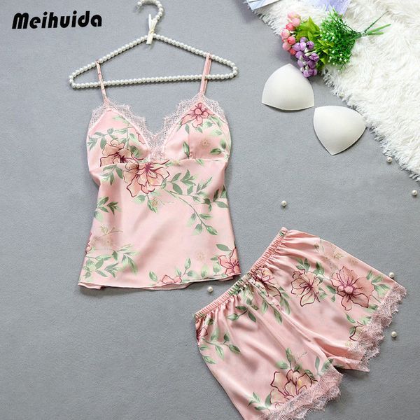 neues Design Blumendruck V-Ausschnitt Nachtwäsche Satin Seide Babydoll Spitze Nachtwäsche Mode Damen Spitze Seidensatin Pyjama Set