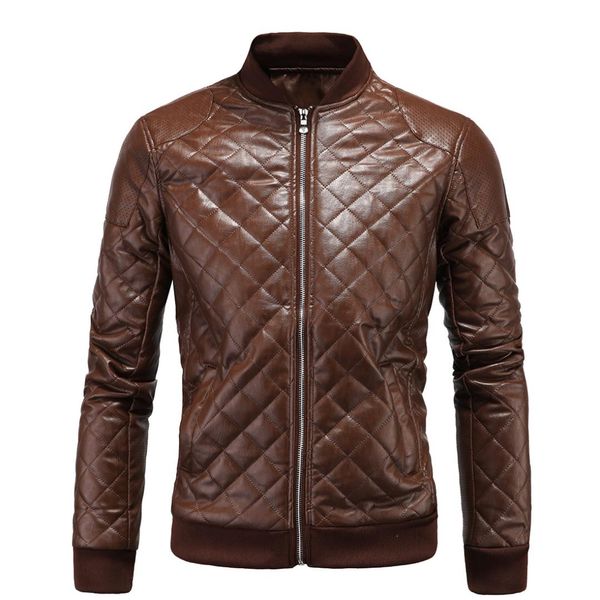 

aowofs winter new style men's leather coat england stand collar men rhombus leather coat jacket d039, Black