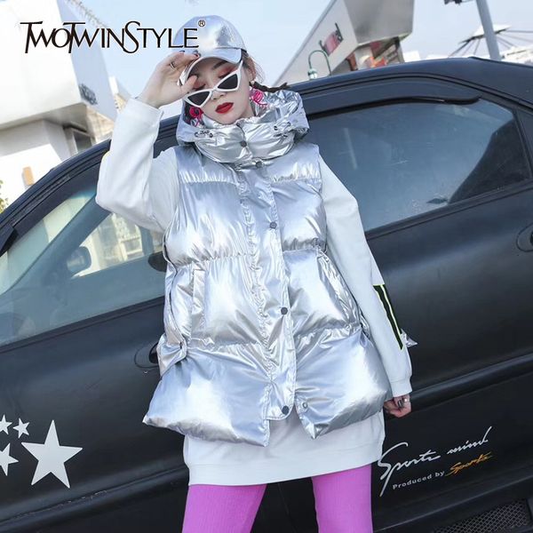 

twotwinstyle patchwork plaid down vests for female hooded sleeveless warm thick hit color women's vest fashion clothing 2019 new, Black;white