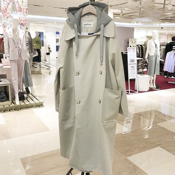

women's trench coats [ewq] 2021 spring long sleeve mid hooded maxi coat outwear robe patchwork plus size windbreaker qx66904, Tan;black