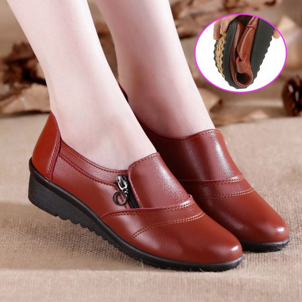 

flat shoes women genuine leather fashion platform casual shoes women non-slip flat ladies side zipper mother single, Black
