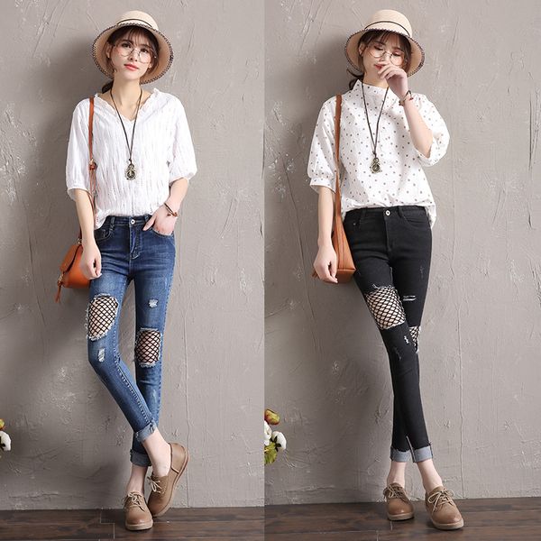 

denim high waist skinny jeans woman pants trousers push up jeans femme ripped fish net ladies black blue women