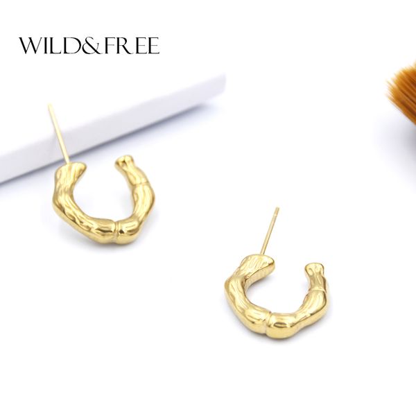 

wild&small open hoop earrings for women girl c shape irregular bamboo tiny hoops earring stainless steel jewelry, Golden;silver