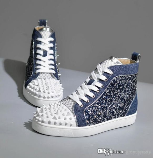 

wholesale men fashion spiked shoes red bottom men sneakers with sliver red rhinestone triangle nail gloss grain men shoes fashion genuine, Black