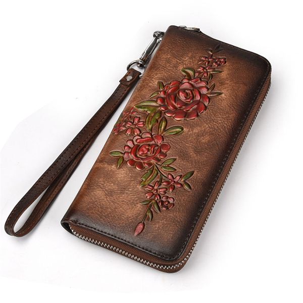 

new flower vintage genuine leather women wallet large compartment long leather female clutch purse cellphone bag wallet lady, Red;black
