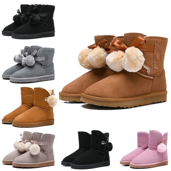 

women boots wgg australia classic snow booties bailey hairball bow tie ankle knee womens girls luxury designer winter boot drop shipping, Black