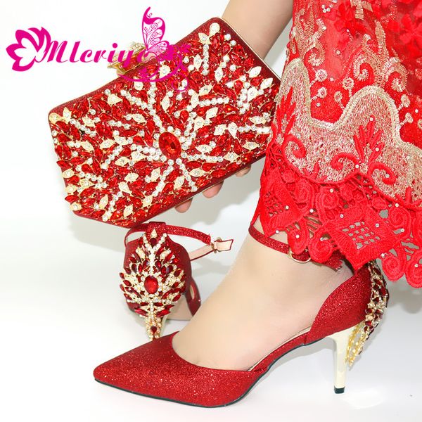 

2019 red color rhinestone african shoe and bags italian fashion pumps shoes and bag set for party on stock, Black