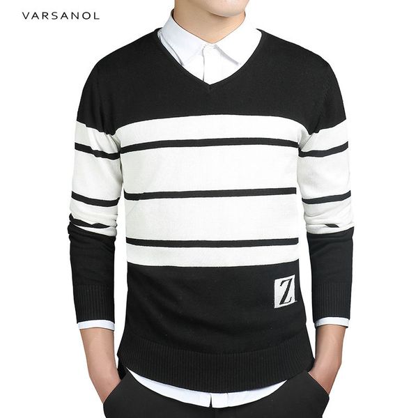 

varsanol brand mens pullover sweaters simple style cotton clothing o neck sweater men striped jumper autumn thin male blue -3xl, White;black