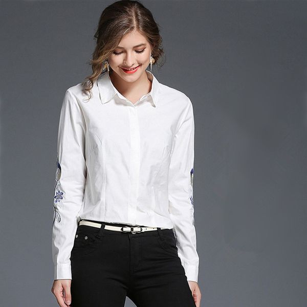 

white embroidery long sleeve shirts floral button 2018 spring women office work wear elegant blouse s-xl