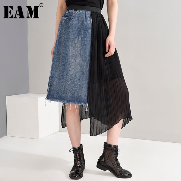 

eam] high elastic waist black pleated denim irregular half-body skirt women fashion tide new spring autumn 2020 1u90701