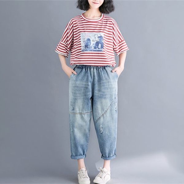 

new plus-size women's denim wash pants for spring 2019, Blue