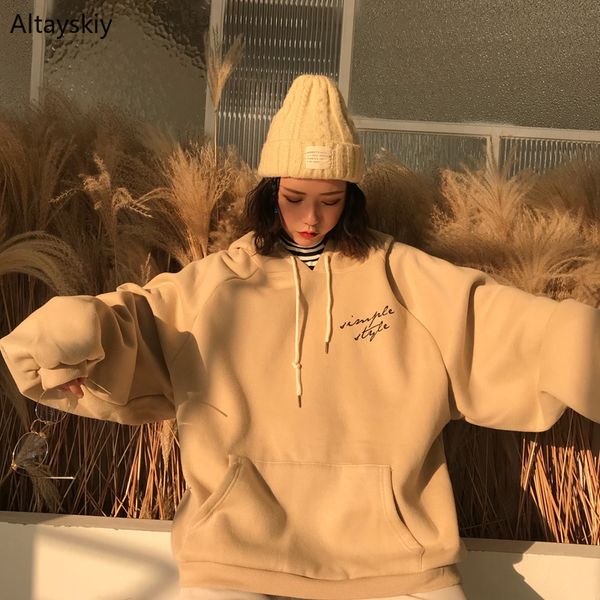 

hoodies women thicker plus velvet warm soft letter printed simple all-match pockets leisure pullovers womens trendy sweatshirts, Black