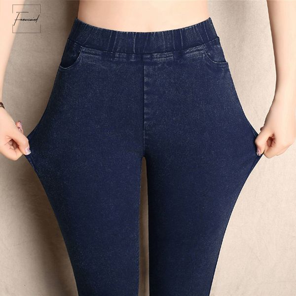 

big jeans yards autumn lmitation spring women elastic waist trousers ladies vintage pencil slim skinny jeans 3 colors, Blue