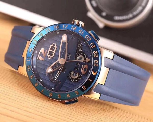 

new ulysse executive el toro/black toro perpetual calendar gmt 326-00-3/bq rose gold blue dial rubber automatic mens watch, Slivery;brown