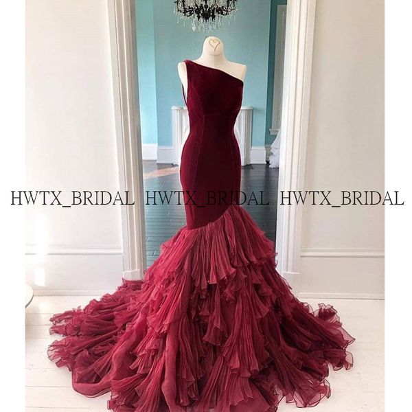 

long mermaid evening dress party for women 2020 customize burgundy one shoulder tiered ruffles arabic prom dresses formal gown, White;black