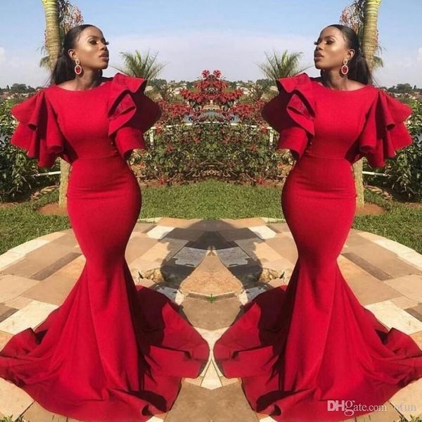

elegant red mermaid evening dresses ruffles sleeves satin sweep train special occasion dresses formal dress vestidos robe custom made, Black;red