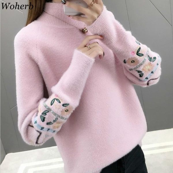 

woheb 2019 women autumn winter embroidery flower sweater half-turtleneck pullovers casual warm cashmere knitted sweaters jumper, White;black