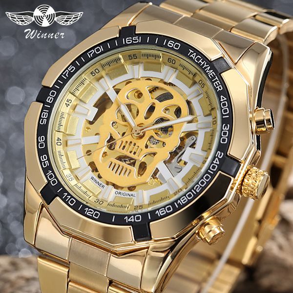 

watch hollow skull dial fashion brand gold silver black watch clock design business men's mechanical watches, Slivery;brown