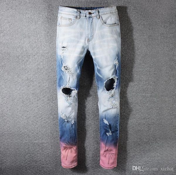 

mens ripped skinny light blue jeans fashion designer distressed slim fit motorcycle biker hole beggar hip hop denim pants 553
