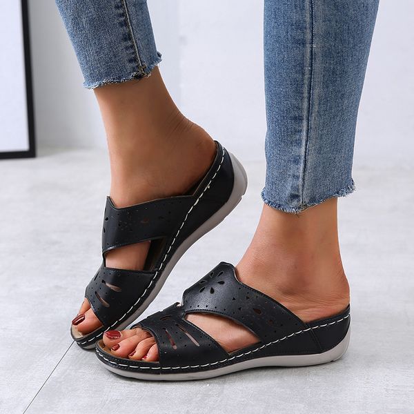 

2020 summer women flat sandals buckle strap ladies slides comfortable home beach slip on wedges shoes woman plus female slippers, Black