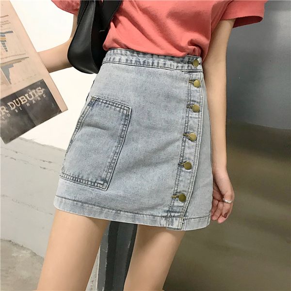 

koreaanse hoge taille knop pocket denim rok mode plus size student korte jean rok casual a-lijn mini dames harajuk, Black