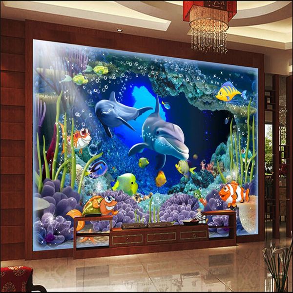 

3d cartoon mural wallpapers for living room kids room underwater world dolphin love of mother and son wall papers home decor