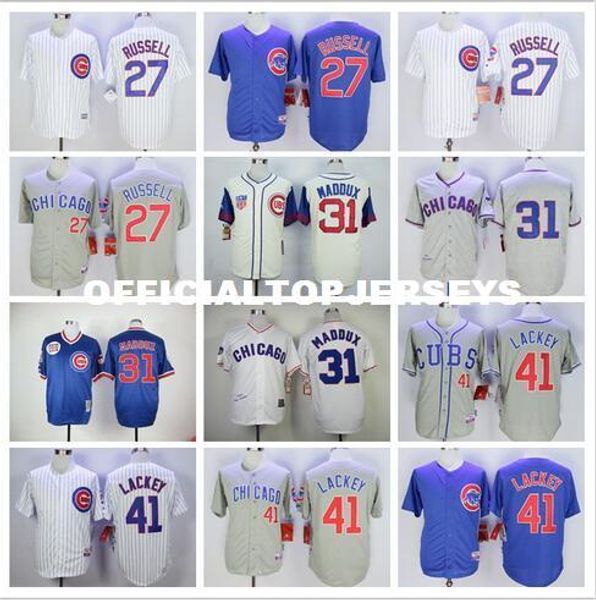 

mens 27 addison russell 31 maddux 41 john lackey retro jerseys color white blue gray yellow size:m-xxxl, Black;blue