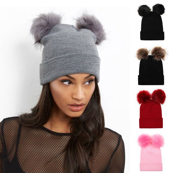 

women faux fur pompom hats female warm winter hats knitted beanie girl double ball pom pom woman bonnet femme enfant, Blue;gray