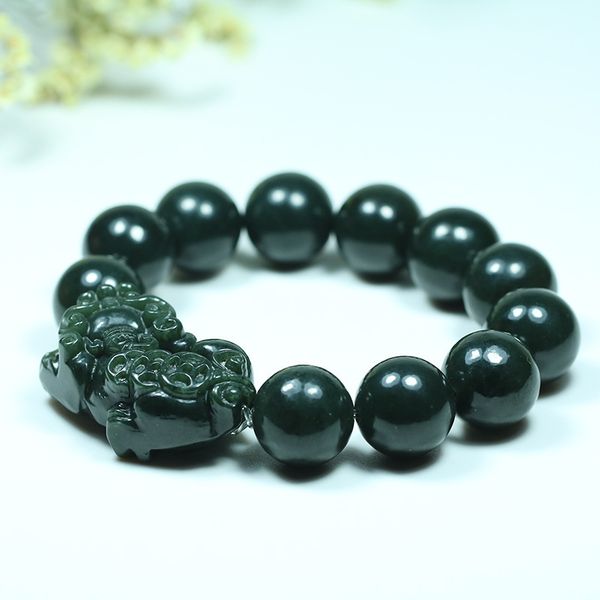 

natural hetian jade 20mm beads pixiu elastic bracelet charm jewellery fashion accessories hand-carved man woman amulet gifts, Black