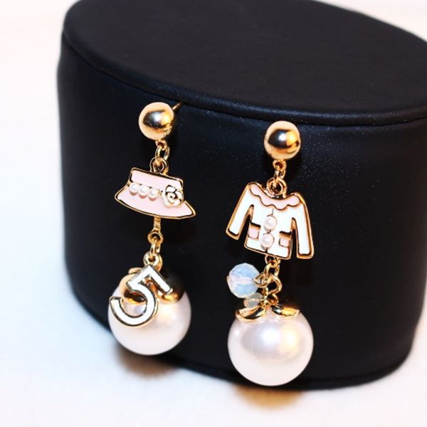 

women lrregular hat coat earring real rose gold letter 5 earring female party fine pearl earring, Silver