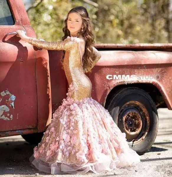 

Luxury gold equin mermaid flower gir l dre e applique backle little girl pageant dre long leeve fir t communion gown
