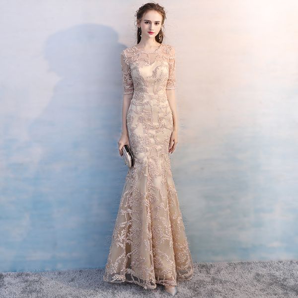 

half sleeves lace mermaid evening dresses champagne long formal evening gowns floor length party dress 2019, Black;red
