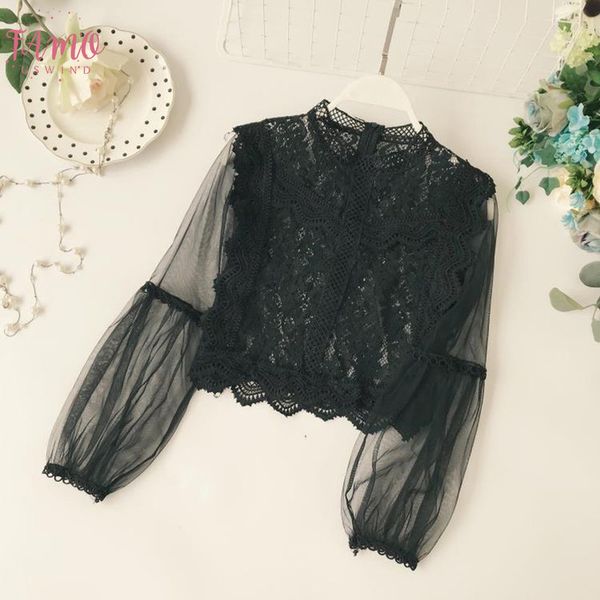 

2020 womens summer lace floral long sleeve perspective open hook flower short long sleeve lace shirt 40*, White