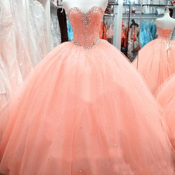 

custom made girls sweet 15-16 debutantes dresses ball gowns sweetheart corset peach tulle beaded neck prom gowns quinceanera dresses, Blue;red