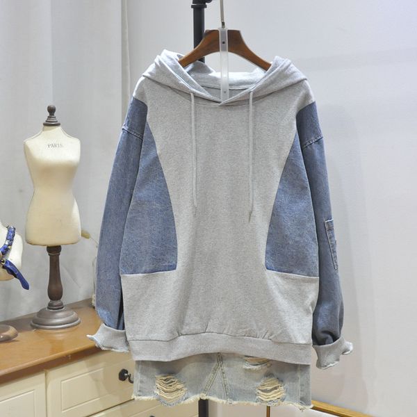 

women sweatshirt hooded denim mori girl 2020 spring contrast color patchwork loose long sleeve vintage fashion women pullovers, Black