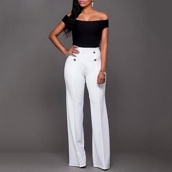 

designer leggings pants women fashion causal loose button trousers high waist wide leg pants elegant solid pants overalls drop shipping, Black;white