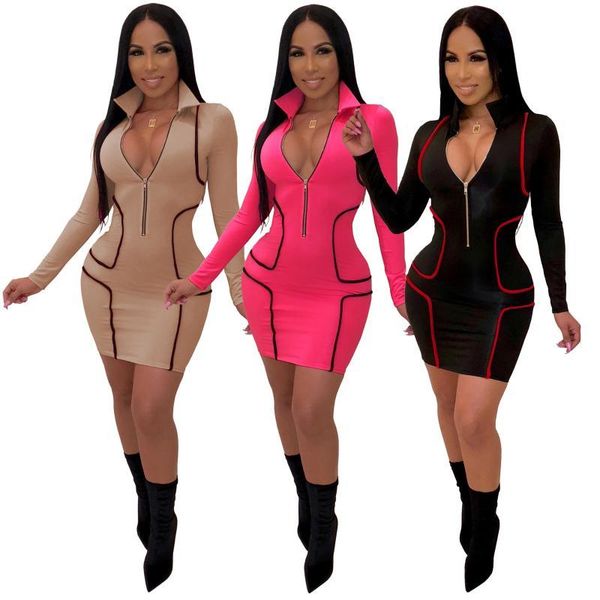 

bodycon dresses front zipper designer pencil dress slim fit skinny dress women deep v, Black;gray