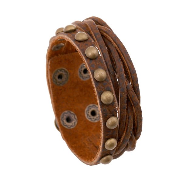 

new fashion men bracelet leather handmade vintage brown rivet men jewelry wrap bracelets and bangles alloy buckle adjustable, Golden;silver