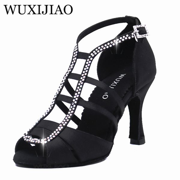 

wuxijiao new white satin latin dance shoes women salsa rhinestone shoes dance for woman ballroom dancing heel 5cm-10cm