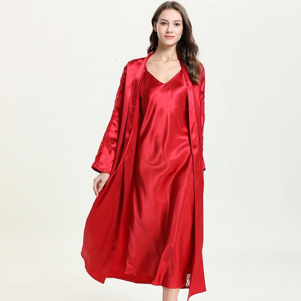 

autumn new imitate real silk pajamas long section solid robe twinset bathrobe set, Black;red