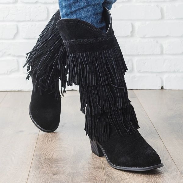 

monerffi bohemian boho heel boot ethnic women tassel fringe faux suede leather ankle boots woman girl flat shoes booties, Black
