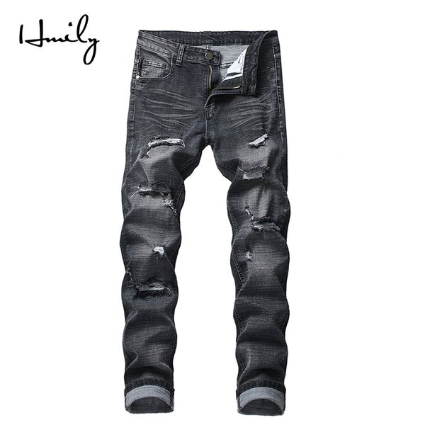 

hmily mens skinny jeans men slim fit hole biker ripped denim hip hop motorcycle rock rap jeans big size 42 pants, Blue