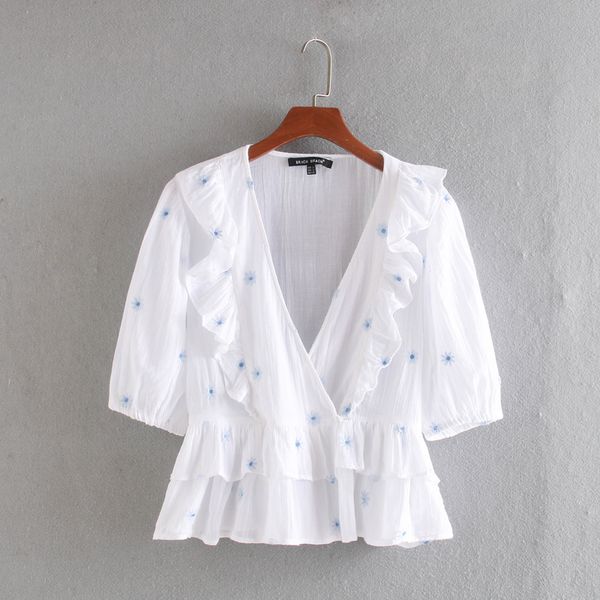 

women blouse shirt summer 2020 new fashion v-neck embroidery white cotton shirt modern lady casual top