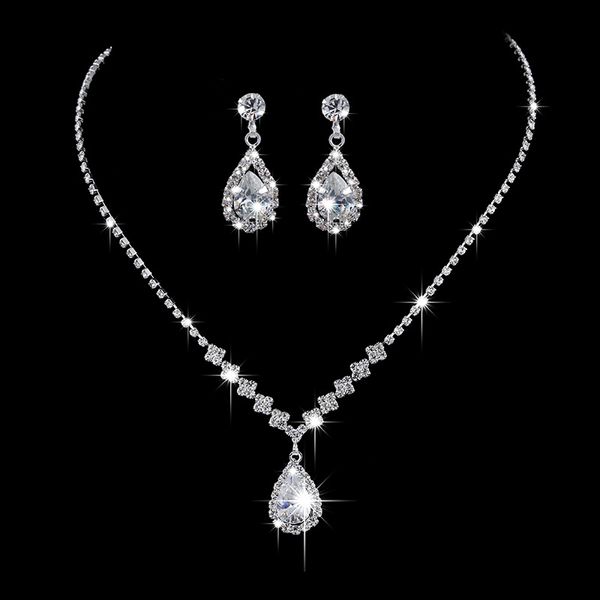 

earrings & necklace arrivals bride noiva wedding party delicate shining water drop crystal link chain pendant earring jewelry sets, Silver