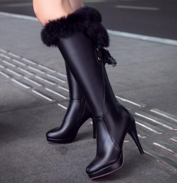 

women's boots in winter high fine heel waterproof table keep warm non-slip, Black