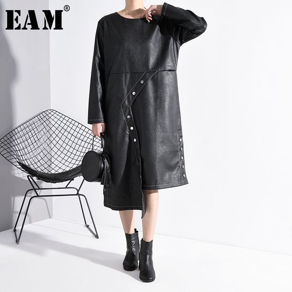 

eam] женщины pu кожа асимметричный кнопки платье новый раунд шеи длинным рукавом сыпучие fit мода tide весна осень 2020 1n25201, Black;gray