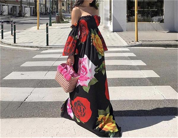 

strapless designer womens dresses floral printed big skirts flare sleeved maxi dresses fashion womens party dresses, White;black