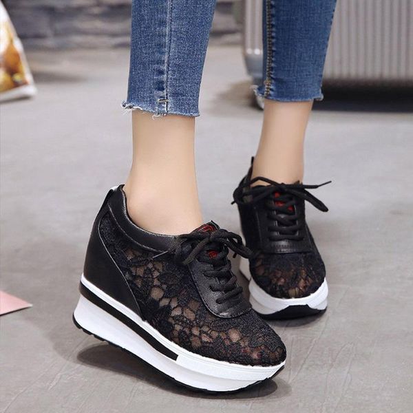 

women wedge platform vulcanized new female lace up casual height increase shoes ladies fashion, Black;white